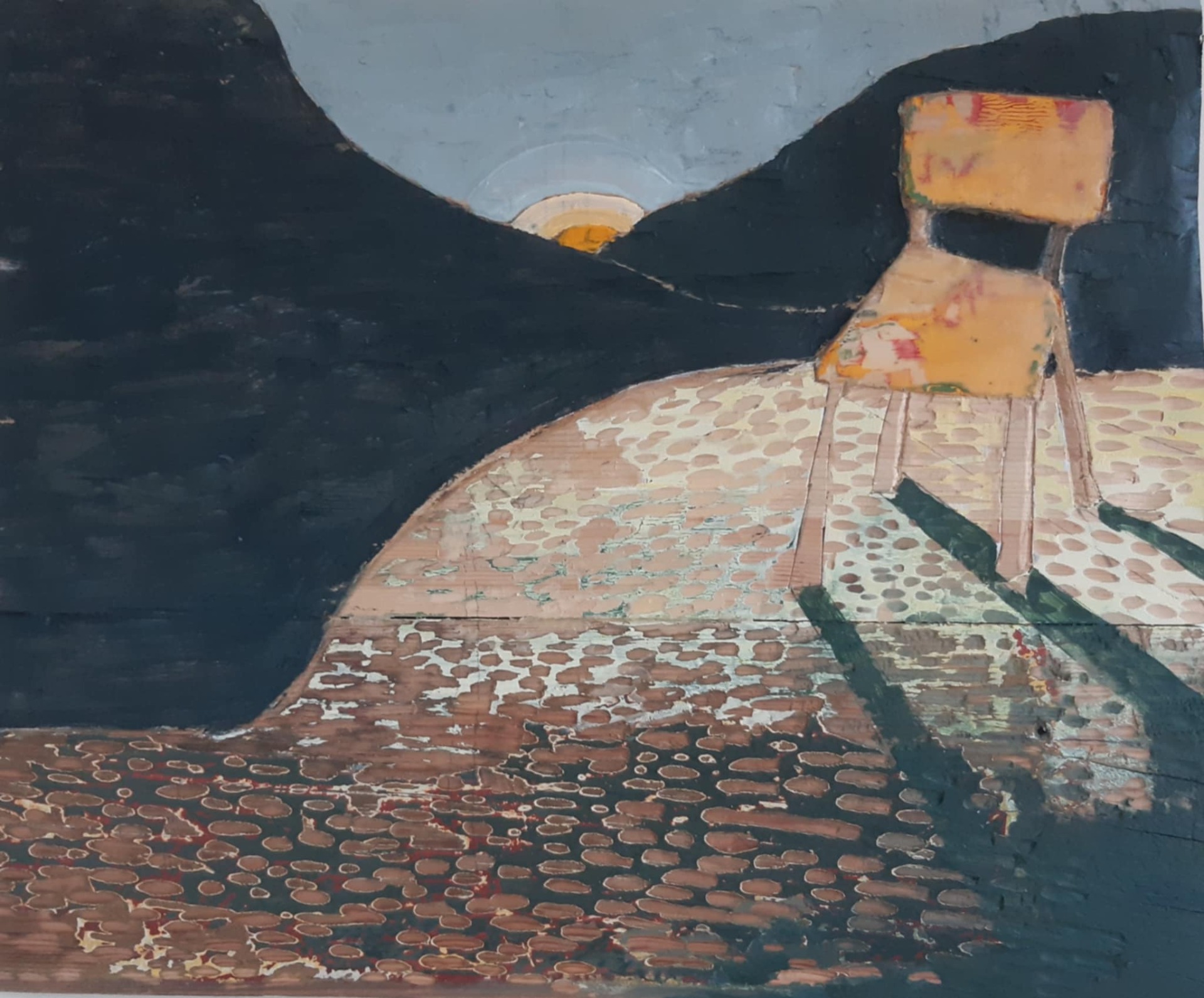 Gul stol, h 42 x b 50 cm, acryl/relieff 2025, 3500 kr